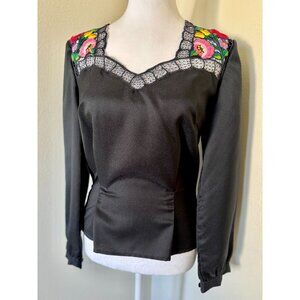 Vintage 1970s Long Sleeve Black Kalocsa Hungarian Folk Blouse